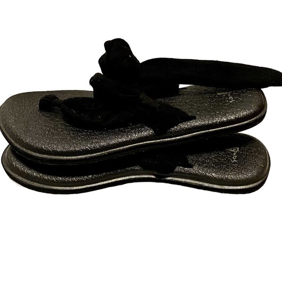 Sanuk Women 7 Black Sandals Yoga Mat Sling Slingback Ankle Tie Up Casual Flats - Picture 3 of 6